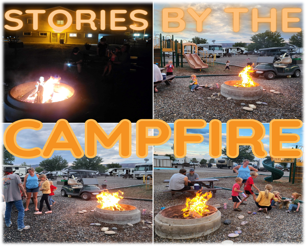 A collage of four images featuring people gathered around campfires at a campground. In the background, there are recreational vehicles, a playground firepit, and grassy areas. The text "Scary Stories By The Campfire, 8pm" is overlaid in large, orange letters.