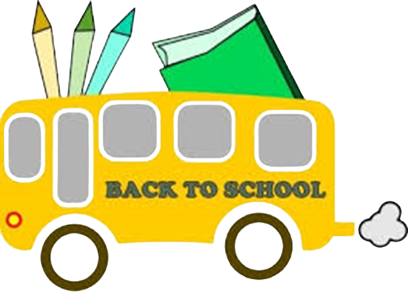 Illustration of a yellow school bus with the text "BACK TO SCHOOL" written in the middle. The bus, resembling a prized decorated site, has pencils and a green book sticking out from the top and a small puff of smoke coming from the tailpipe.