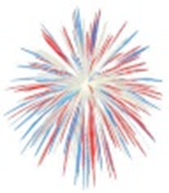 A colorful fireworks explosion captured at its peak, with vibrant streaks of red, blue, and white radiating outward from the center against a plain background—much like the Popcycle Stick Flags crafted in the common room at 6 PM.