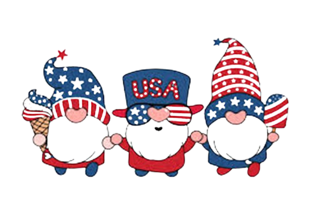 Three cartoon gnomes celebrate the USA on July 29. One holds an ice cream cone, another wears a tall hat with "USA" written on it, and the third carries an American flag. All wear red, white, and blue hats decorated with stars and stripes. Faces are blank.