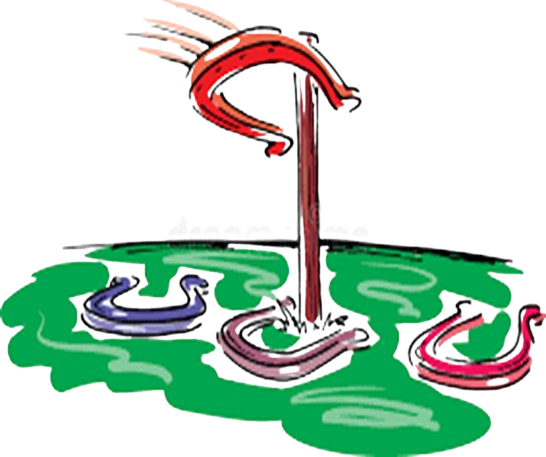 A colorful illustration of a horseshoe game in progress on August 12. Three horseshoes are on the ground, surrounding a wooden stake, while a fourth one, colored red, is in mid-air, heading towards the stake. The background features green grassy terrain.