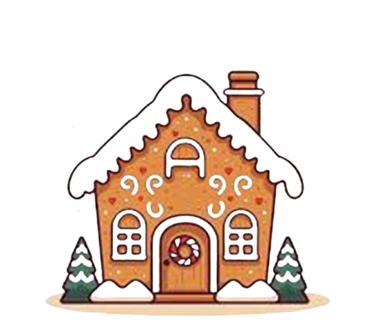A whimsical gingerbread house with a sloping roof, decorated with icing patterns and candy details. The house has a circular window, two rectangular windows, and a round door adorned with a wreath. Flanked by two small, decorated trees, it's the perfect centerpiece for your December 16 festivities.