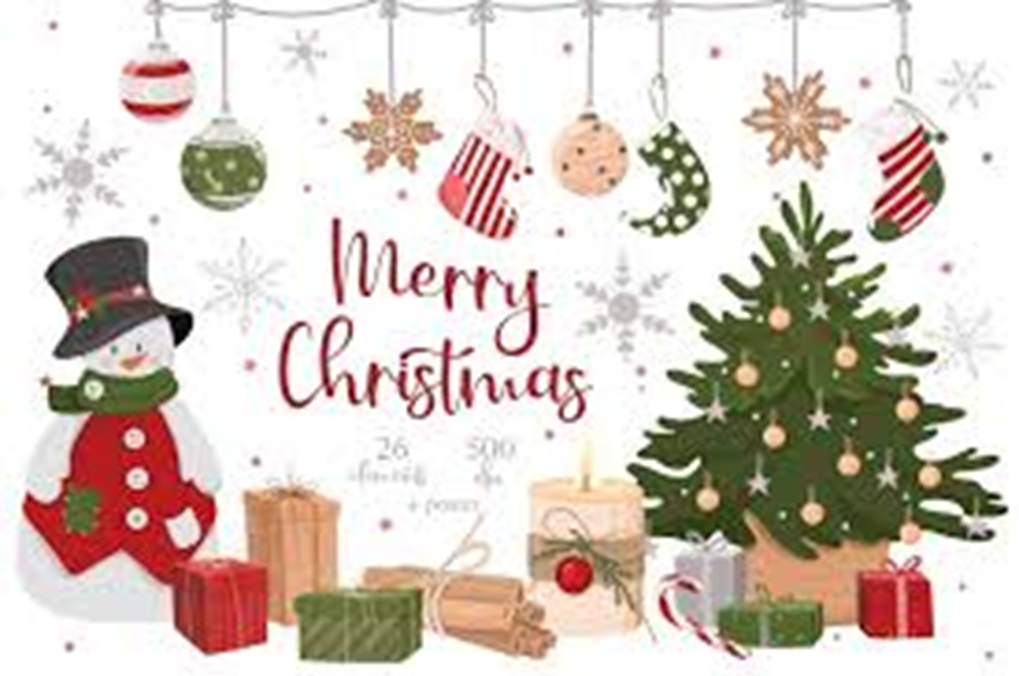 A festive Christmas scene featuring a decorated Christmas tree, presents, a snowman, hanging ornaments, stockings, and cookies. The words "Merry Christmas" are written in red script. Snowflakes and stars scattered around enhance the holiday cheer on December 23.