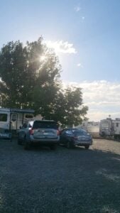 A parking lot with two cars parked next to a tree. Behind the tree, there is a camper van, and a few RVs are visible in the background. The sun shines through the leaves of the tree, creating a bright and serene atmosphere.