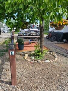 A cozy outdoor campsite featuring a picnic table with a hanging flower basket above it. The area is shaded by a leafy tree, surrounded by several potted plants. To the left, a wooden post with the number 37 and a lantern is visible. An RV is parked in the background.