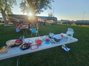 A picturesque picnic setup outdoors features a gallery of various food items on a table in the foreground. Children are seated at a picnic table in the background. A large recreational vehicle (RV) is parked nearby, with trees and the sun shining through them against a clear sky.