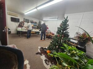 People stand around tables with various items in a room decorated with artificial Christmas trees and indoor plants.
