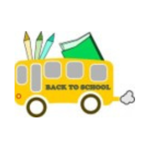 Yellow bus with the words "Back to School" on the side, playfully decorated in a fall theme. Three colored pencils and a green book rest on top, adding charm. A puff of exhaust completes this whimsical scene, perfect to decorate your lot with seasonal flair.
