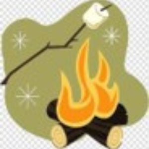 Illustration of a cozy campfire with logs and flames. A marshmallow on a stick hovers above, ready for toasting. The scene is set against a fall-themed backdrop, featuring green shapes adorned with decorative white sparkles.