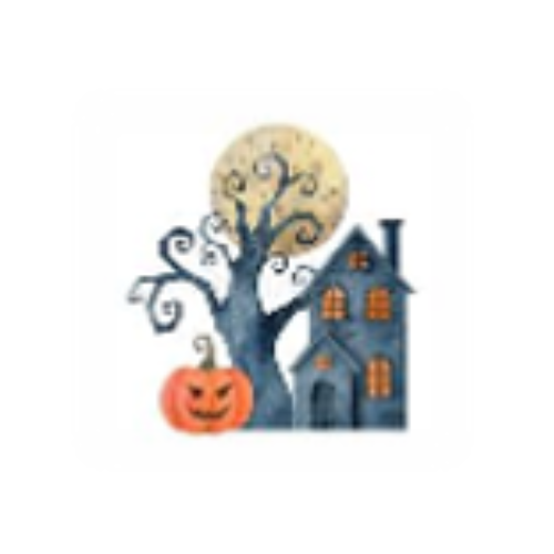 Illustration of a spooky Halloween scene featuring a crooked tree and a dark, eerie house with glowing windows under a full moon. A carved jack-o'-lantern with an evil grin sits in the foreground, perfectly capturing the Halloween theme.