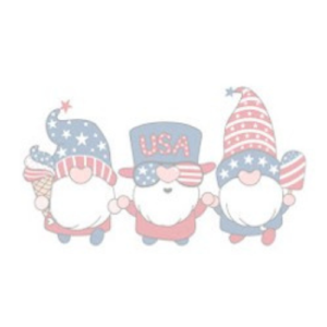 Three gnomes in patriotic red, white, and blue outfits bring an Independence Day theme to life. One holds an ice cream, another wears a "USA" hat and star-spangled sunglasses, while the third boasts a starry hat—perfect to decorate your festive celebration.