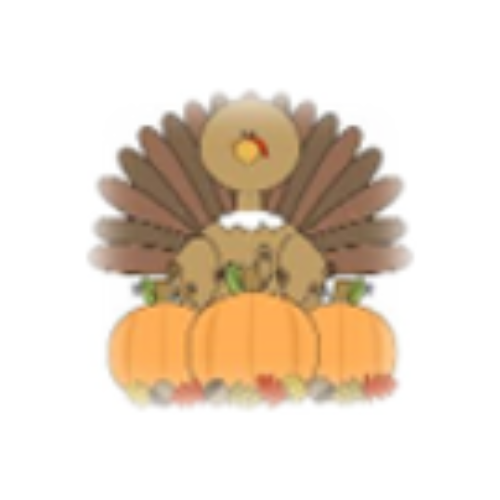 Illustration of a turkey with colorful feathers, standing behind three large pumpkins. Autumn leaves are scattered around the base, creating a festive fall scene perfect to decorate your lot with a Thanksgiving theme.
