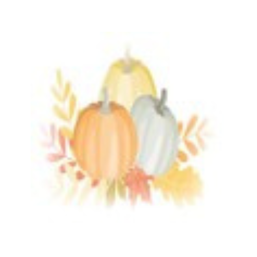 Three pastel-colored pumpkins—orange, white, and pale yellow—are artfully arranged to decorate a Thanksgiving theme, surrounded by watercolor-style autumn leaves in shades of orange, yellow, and pink.