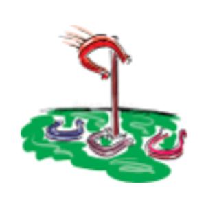A cartoon illustration captures an exciting horseshoe competition on the main grass. Three colorful horseshoes lie scattered, two perfectly encircling the pole. Meanwhile, a red horseshoe flies towards a ringer with motion lines, adding suspense to this 7PM showdown.