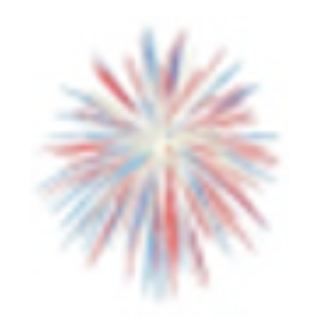 A colorful burst of fireworks with streaks of red, white, and blue radiates from the center against a white background, evoking the spirit of Independence Day.