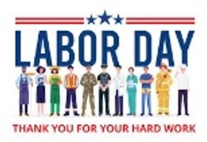 Illustration of various professionals standing under "Labor Day" text adorned with stars and stripes. The scene includes a chef, teacher, construction worker, soldier, police officer, nurse, doctor, and firefighter. Bottom text reads "Thank You for Your Hard Work." Celebrate with a BBQ potluck!.