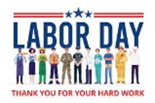 Illustration of various professionals standing under "Labor Day" text adorned with stars and stripes. The scene includes a chef, teacher, construction worker, soldier, police officer, nurse, doctor, and firefighter. Bottom text reads "Thank You for Your Hard Work." Celebrate with a BBQ potluck!.