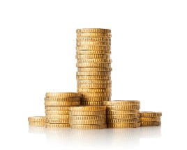 A stack of gleaming gold coins arranged in a tall, central column with several smaller stacks surrounding it on a pristine white background, reminiscent of treasures sought after during President's Day sales.