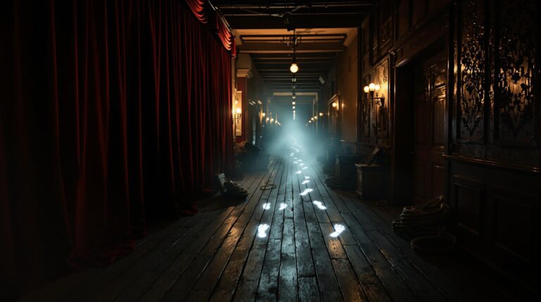 Dim backstage corridor with wooden floors, red velvet curtains, vintage props, and faint glowing footprints in misty light