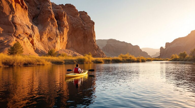 A kayaker paddles along a calm river at sunset, passing weathered sandstone cliffs with faint petroglyph carvings, surrounded by sagebrush and canyon walls.