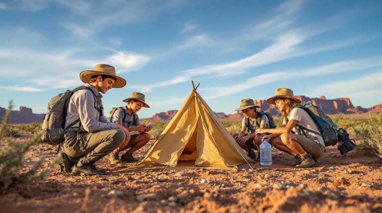Children and adults practicing desert survival skills in sandy terrain with sagebrush, setting up a tarp shelter, using a compass, and filling water bottles under a blue sky near Grand Junction, Colorado.
