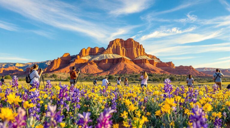 Group of adults photographing colorful spring wildflowers in a sunlit Colorado meadow with red sandstone mesas in the background