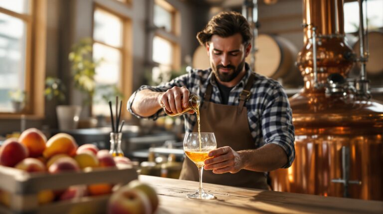 A craft distiller pours golden fruit brandy from a copper still into a clear glass, with crates of fresh peaches and apples nearby and oak barrels in the softly lit background.