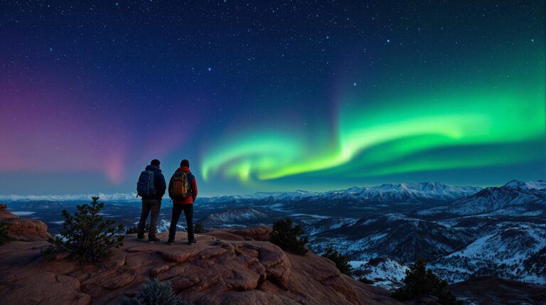 Two hikers stand on a rocky overlook at night near Grand Junction, Colorado, watching faint green and magenta auroras in the starry sky above distant mountains.