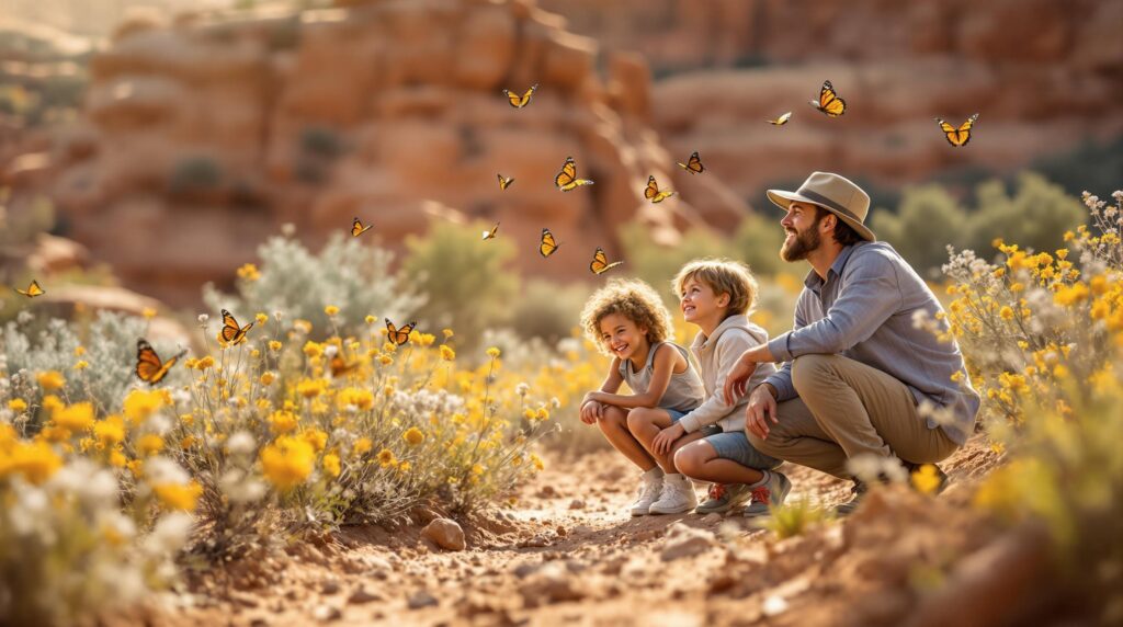 A family with two children observes monarch butterflies around blooming milkweed along a dusty trail, with red sandstone cliffs and desert plants in the soft, warm sunlight.