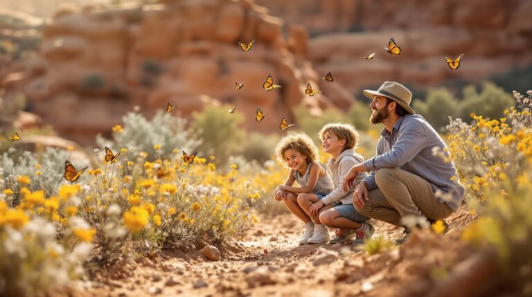A family with two children observes monarch butterflies around blooming milkweed along a dusty trail, with red sandstone cliffs and desert plants in the soft, warm sunlight.