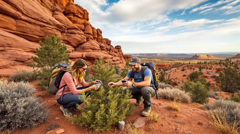 Two hikers open a geocache container on red sandstone rocks surrounded by juniper and sagebrush in a high-desert landscape under a blue sky.