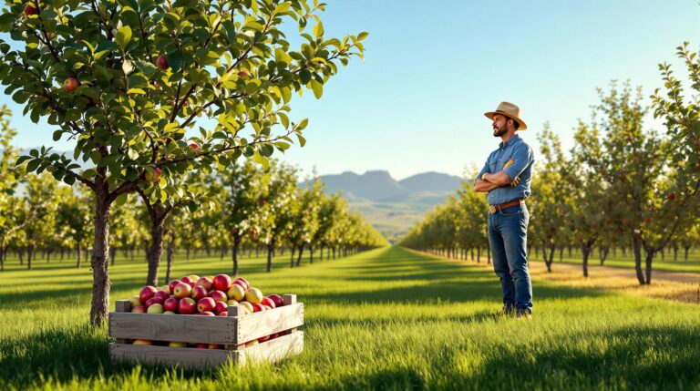 Orchard worker in denim stands beside empty apple tree and wooden crate of apples in a sunny, generic apple orchard near Grand Junction, Colorado, with blurred trees and mesas in the background.
