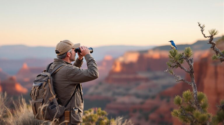 Birdwatcher with binoculars observing a western bluebird perched on a juniper branch at a red-rock canyon overlook with soft morning sunlight and desert vegetation in the background