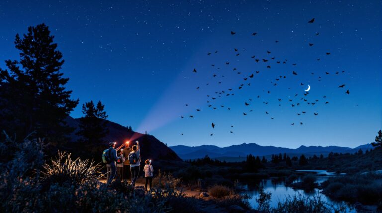 A small group of people with headlamps watch bats flying at night along a riverbank surrounded by sagebrush and cottonwood trees under a starry sky with a crescent moon.