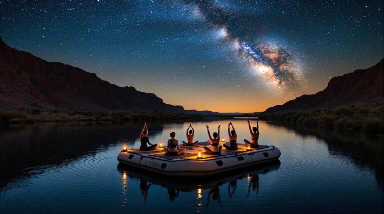 Group of adults practicing yoga at night on a raft floating on a calm river under a star-filled sky, with soft lantern light and canyon silhouettes in the background near Grand Junction, Colorado.
