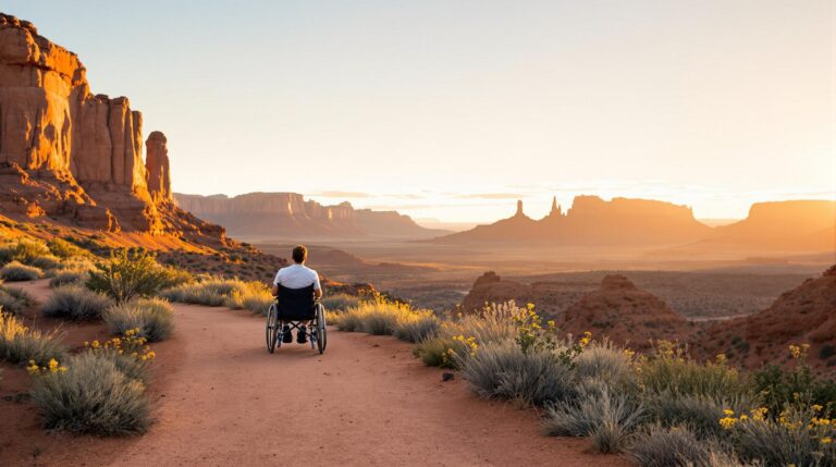 Person using a wheelchair travels along an accessible desert trail with wildflowers and distant red rock mesas under a clear sky, illuminated by warm sunset light.