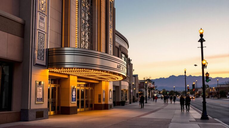 Art Deco style theater entrance with glowing marquee lights, geometric stonework, and a softly blurred sunset background, evoking a nostalgic yet modern atmosphere.
