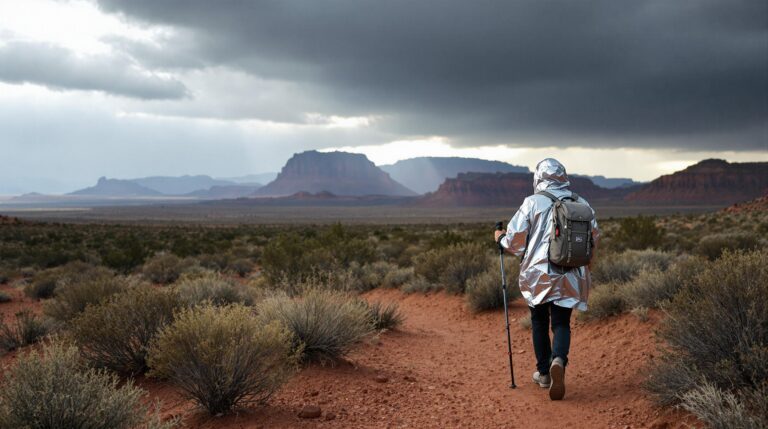 Hiker in a silver emergency blanket poncho walks a rainy desert trail near Grand Junction, Colorado, with dramatic storm clouds and mesas in the background.