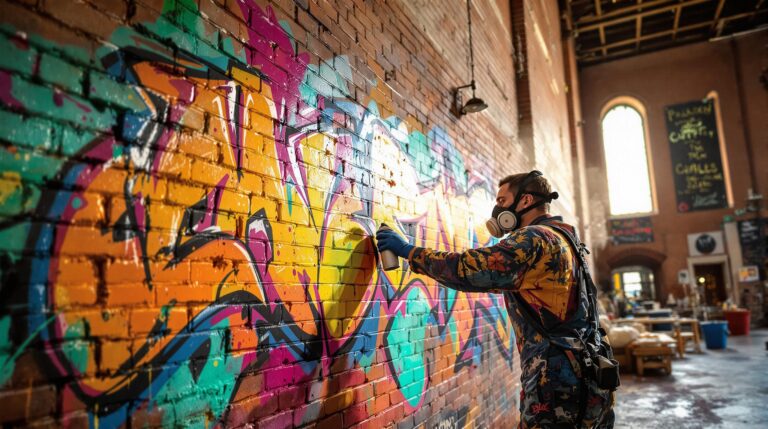 Graffiti artist spray painting colorful abstract shapes on a brick wall inside a spacious, historic-style train depot with arched windows and natural sunlight streaming in.