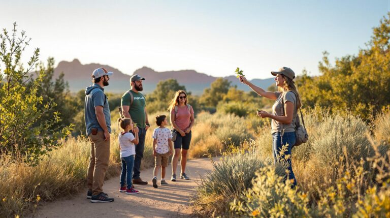 A group of adults and children listen to a guide holding a wild plant during an urban foraging tour along a dirt path, surrounded by greenery and distant bluffs, in soft morning light.