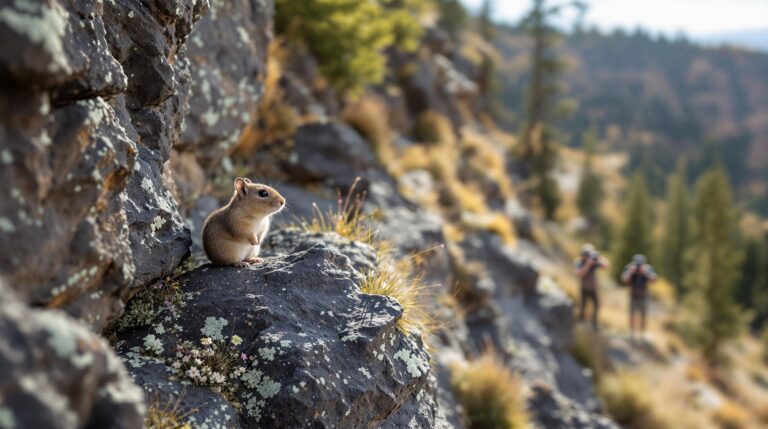American pika sitting on a basalt rock ledge surrounded by alpine grasses and wildflowers, with two biologists in the background observing the habitat on an indistinct plateau.