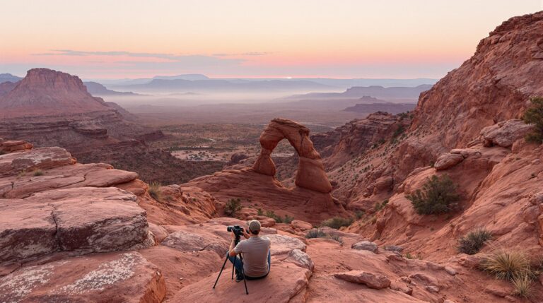 Photographer setting up camera at sunrise on a rocky overlook with distant natural arch and soft pastel sky near Grand Junction, Colorado