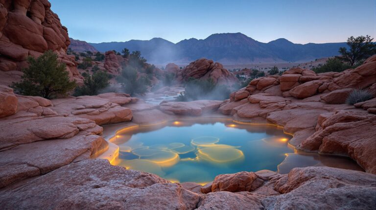 Thermal steam rises from a glowing hot spring at dawn in a rocky, high-desert canyon near Grand Junction, Colorado, surrounded by sandstone boulders and sparse juniper shrubs under soft blue early morning light.