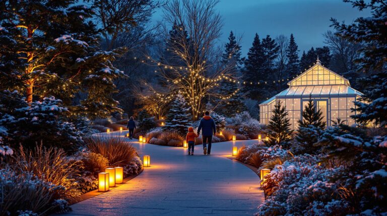 Pathway lined with glowing paper luminarias at a snowy botanical garden during twilight, with a family in winter jackets walking and a softly lit greenhouse in the background.