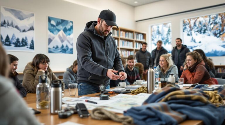 Outdoor instructor showing winter survival gear to a group in a library meeting room, with supplies like a compass, blanket, and rope on the table, bookshelves and winter-themed posters in the background.