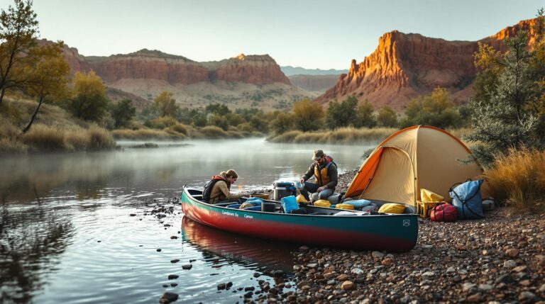 Two campers organize gear by a canoe and tent on a peaceful creek at dawn, with mist rising from the water, cottonwood trees, and sandstone cliffs in the background.