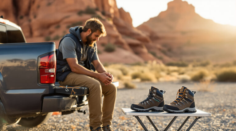 Person comparing two pairs of high-altitude mountaineering boots on a truck tailgate with sandstone bluffs and soft sunlight in the background.
