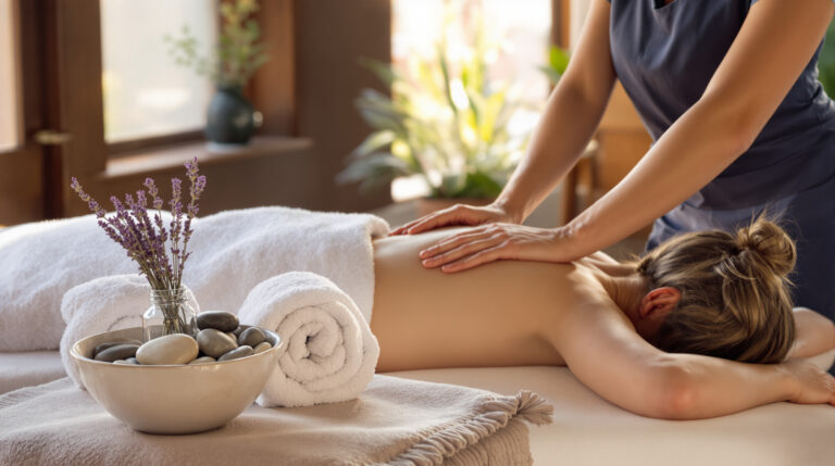 Massage therapist giving relaxing back massage to woman in peaceful spa setting with soft natural light, towels, and lavender decor.