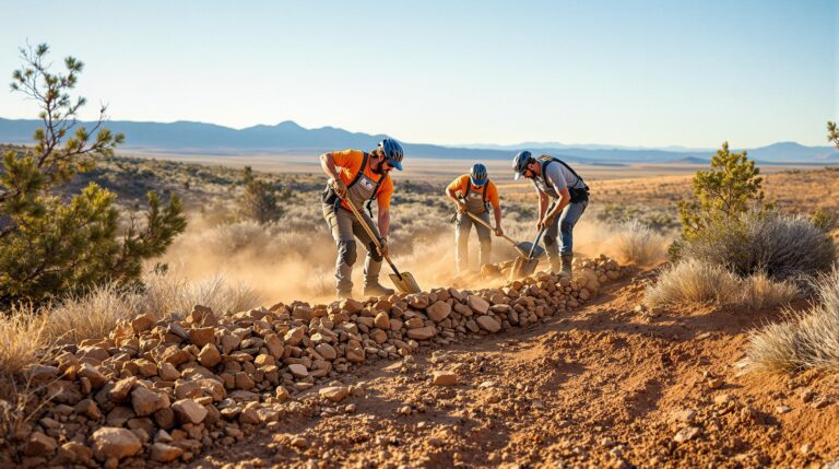Three volunteers with shovels and mattocks reinforce a dirt mountain bike trail with sandstone rocks in a high-desert landscape near Grand Junction, Colorado, surrounded by sagebrush and juniper under a clear sky.