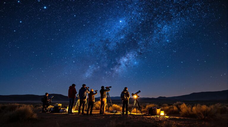 A group of people using telescopes on an open mesa under a star-filled night sky near Grand Junction, Colorado.